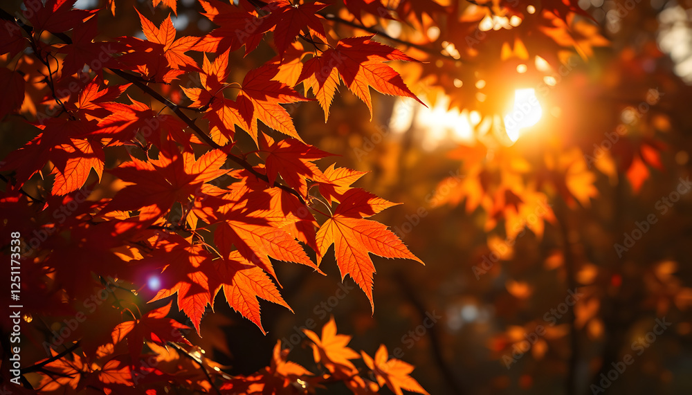 Vibrant autumn leaves glowing in soft, golden sunlight, glowing neon. with white shades Vibrant autumn leaves glowing in soft, golden sunlight, glowing neon. with white shades