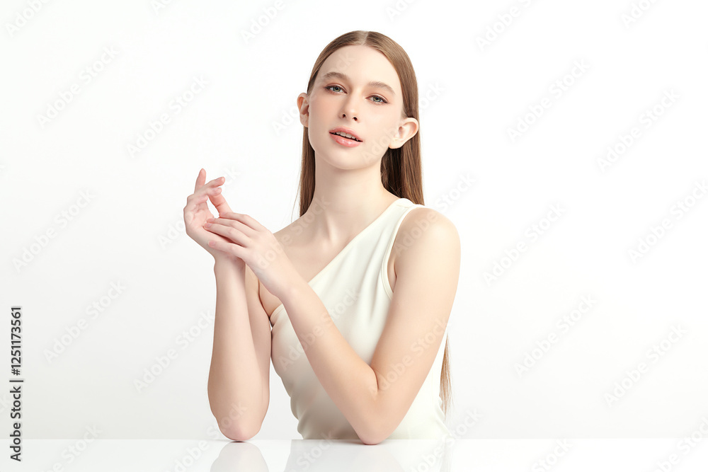 Beautiful young woman with clean fresh skin on white background, Face care, Facial treatment, Cosmetology, beauty and spa, women portrait. Beautiful young woman with clean fresh skin on white background, Face care, Facial treatment, Cosmetology, beauty and spa, women portrait.