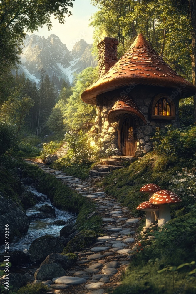 Obraz premium A lovely mushroom cottage nestled in a lush forest, with a winding path leading to a serene stream under a clear blue sky
