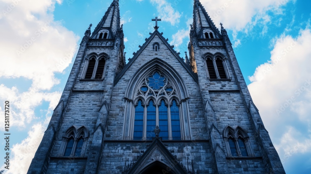 Fototapeta premium Majestic Stone Church Under Blue Sky - A stunning low-angle view of a grey stone church against a vibrant blue sky, showcasing its intricate architectural details.