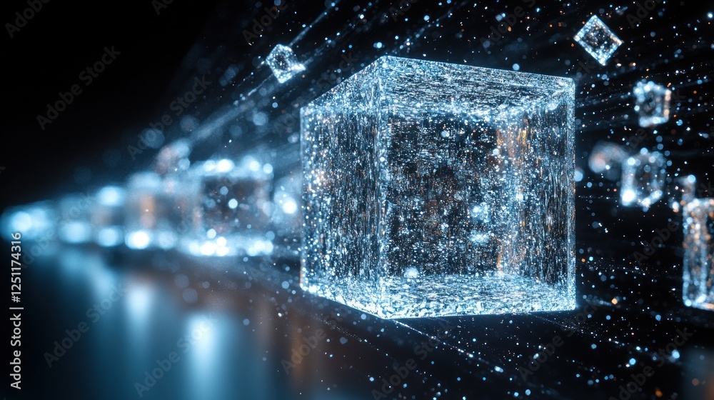 Fototapeta premium Data cube flies through digital space; network background