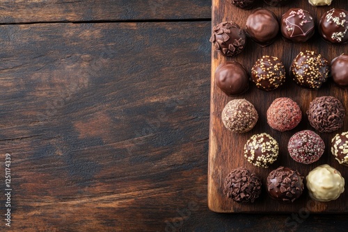 Indulgent chocolate truffles displayed on a wooden board high angle shot gourmet dessert photography rustic setting warm ambiance captivating visual appeal for chocolate lovers