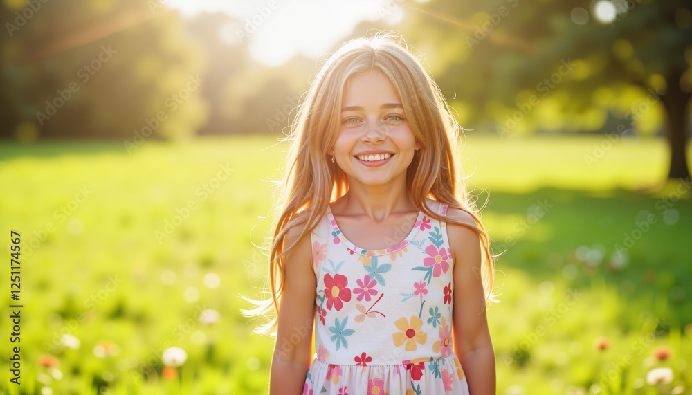 Cheerful girl smiles in sunny park, joy and innocence Cheerful girl smiles in sunny park, joy and innocence