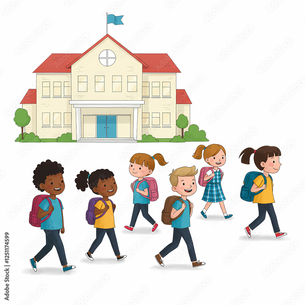 children going to school with backpacks, standing in front of a simple school building. White background children going to school with backpacks, standing in front of a simple school building. White background