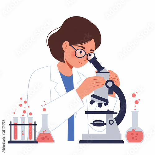 scientist using a microscope, with chemical flasks nearby