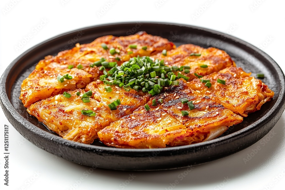 Kimchi Jeon's front view of pan-fried Korean kimchi set against a white backdrop. Generative Ai Kimchi Jeon's front view of pan-fried Korean kimchi set against a white backdrop. Generative Ai