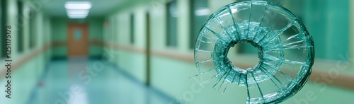 Hospital hallway  shattered glass  security breach