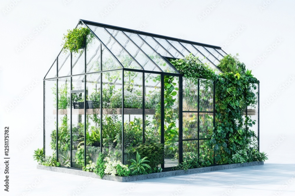 Lush plants thrive inside a sophisticated greenhouse with transparent walls, promoting optimal sunlight for sustainable gardening practices Lush plants thrive inside a sophisticated greenhouse with transparent walls, promoting optimal sunlight for sustainable gardening practices
