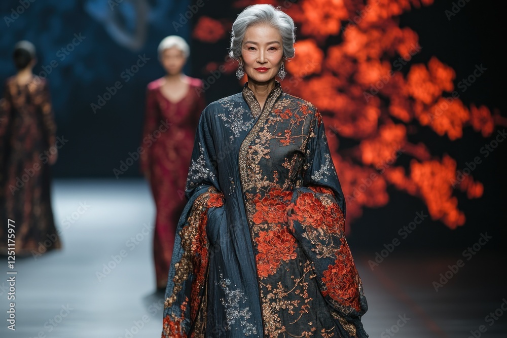 Fototapeta premium Elderly Chinese models gracefully showcase vibrant floral fashion designs on the runway against a dynamic backdrop