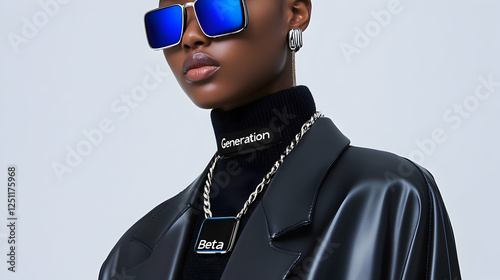 A confident model in black attire showcases unique accessories and vibrant sunglasses photo