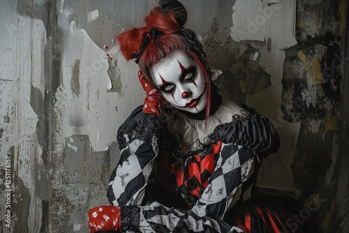 A female character with striking harlequin makeup sits against a distressed wall, showcasing a mix of elegance and horror