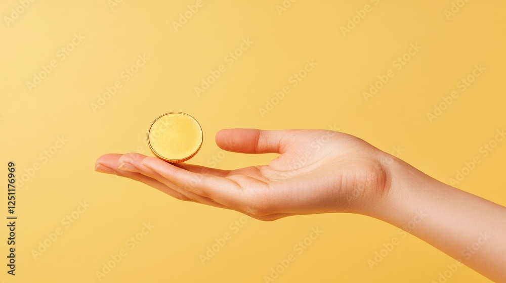 Hand Holding A Coin On A Yellow Background Symbolizing Wealth And Prosperity Hand Holding A Coin On A Yellow Background Symbolizing Wealth And Prosperity