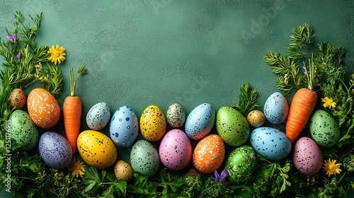 Easter spirit illustration Top view vertical photo of assorted eggs, treats of carrots for the bunny and lovable rabbit ears showing on a gentle green base with an egg-like message area.