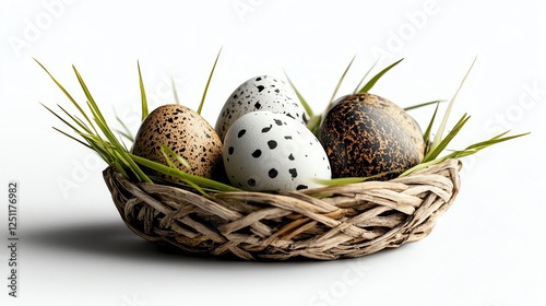 a handcrafted Easter basket with ecofriendly natural eggs, organic aesthetic, earthy tones, isolated on white background photo