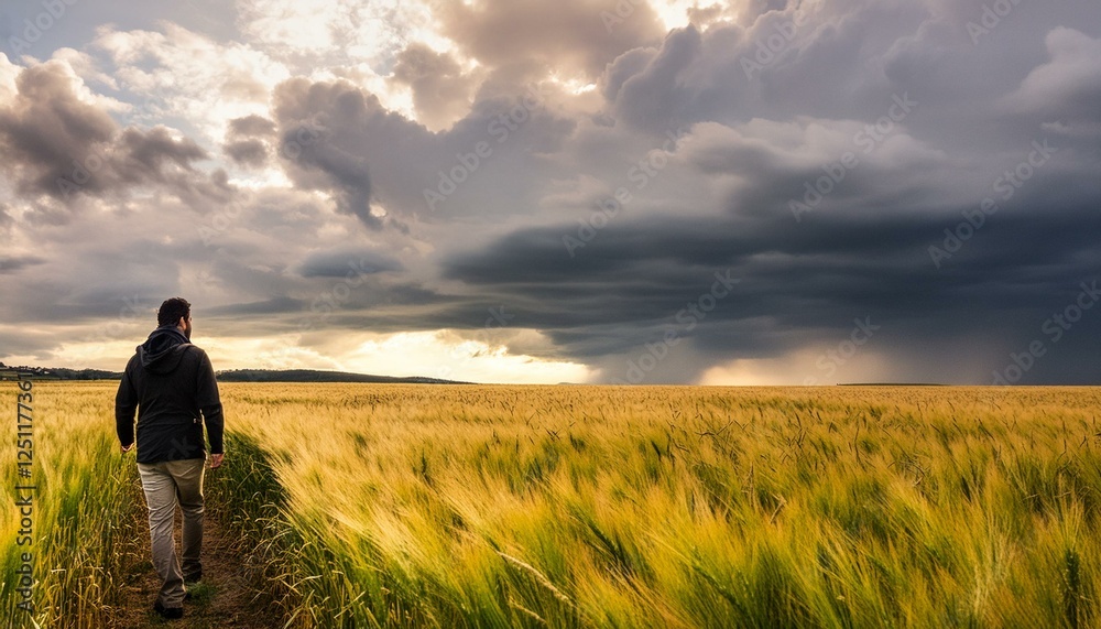 Walking alone. Solitary figure walking towards ominous stormy sky through a field. Alone Concept Walking alone. Solitary figure walking towards ominous stormy sky through a field. Alone Concept