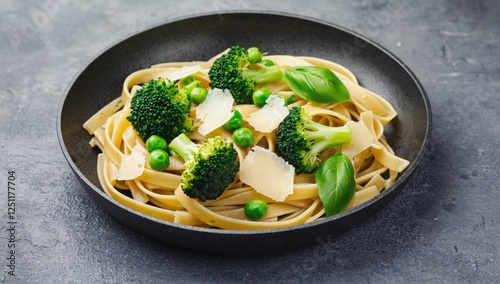 Delicious pasta dish with broccoli, peas, and parmesan photo