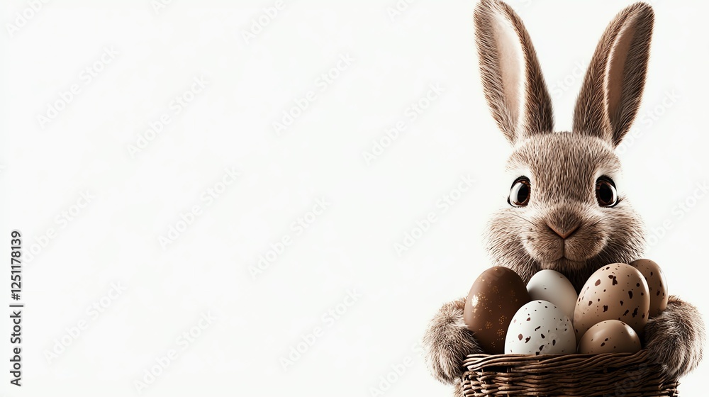 Obraz premium a vintagestyle Easter bunny holding a basket of chocolate eggs, classic nostalgic design, soft tones, isolated on white background