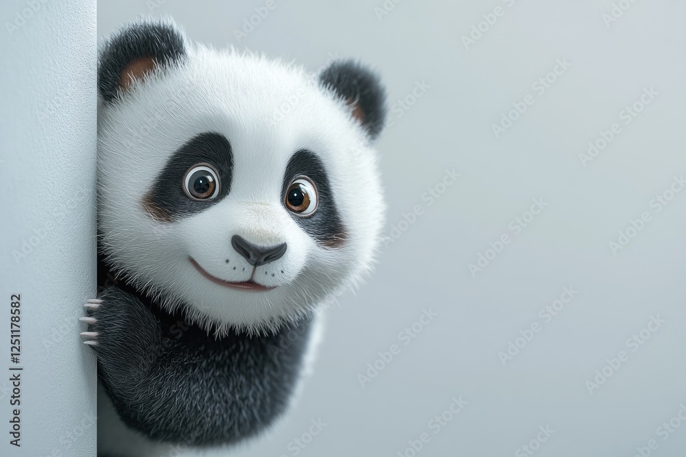 Obraz premium A playful panda peeks out from behind a wall, its big eyes shining with curiosity in an inviting indoor environment filled with soft light