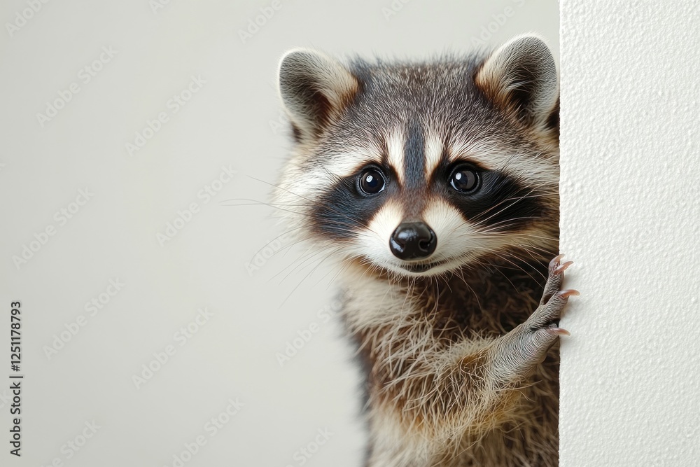 Fototapeta premium A small raccoon peeks out from behind a wall, showing a curious expression, likely in a warm and inviting room