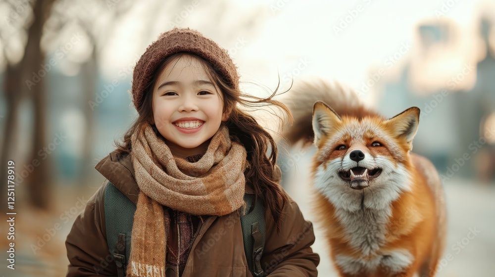 A joyful girl smiles while walking with a playful fox, dressed warmly in stylish winter attire amidst a scenic backdrop full of autumn greenery. A joyful girl smiles while walking with a playful fox, dressed warmly in stylish winter attire amidst a scenic backdrop full of autumn greenery.