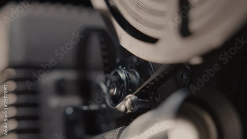 Close ups of a vintage 8MM projector spools moving and playing film 