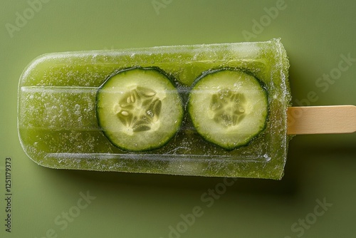 This unique popsicle showcases a vibrant green color with cucumber slices embedded, ideal for a fresh summer treat. Perfect for culinary inspiration photo