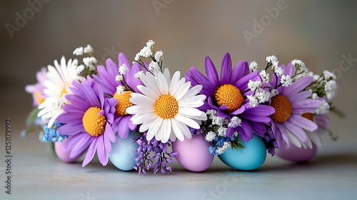 Delicate Easterthemed floral crown made of woven daisies, baby s breath, and tiny pastel eggs, dreamy and whimsical photo