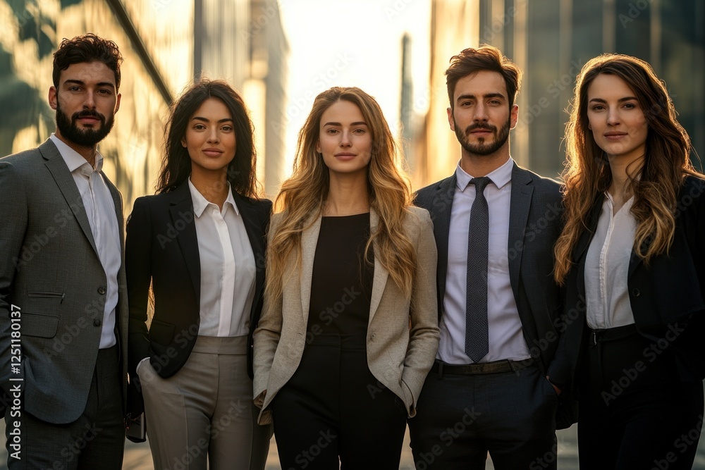 Obraz premium A group of five professionals stands together in a modern cityscape, exemplifying teamwork and confidence during the golden hour