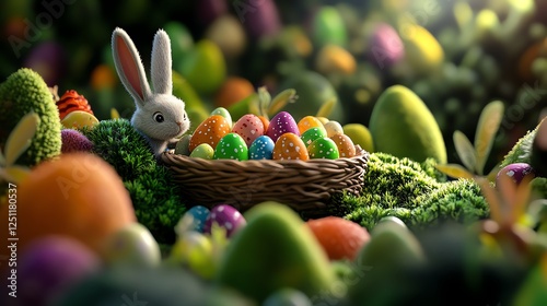 Easter bunny delivering chocolate eggs in a magical basket, enchanted forest, 3D illustration photo