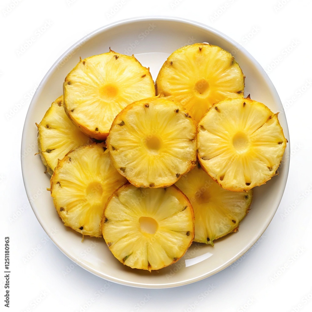 Sliced Pineapple Rings on White Plate - A white plate filled with neatly arranged slices of fresh pineapple, showcasing the vibrant yellow color and juicy texture.
Sliced Pineapple Rings on White Plate - A white plate filled with neatly arranged slices of fresh pineapple, showcasing the vibrant yellow color and juicy texture.
