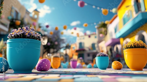 Easter celebration in a flowerfilled village square, festive decorations, bright colors, 3D illustration photo