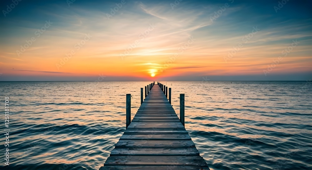 Obraz premium A peaceful pier extending into the ocean, with the sun setting in the background, Ai Generated