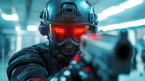 A futuristic soldier, equipped for combat in an industrial setting, aims a weapon with glowing red elements signifying tension and readiness for action in a hostile environment.