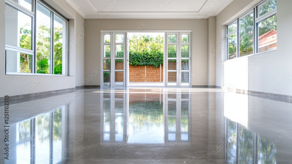 Fototapeta premium Polished Concrete Floor: Modern Interior Design - Sleek, polished concrete floor reflecting light and showcasing modern architectural design. Clean lines, spacious feel