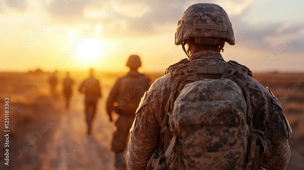 In this striking image, a group of soldiers marches toward the sunset, embodying bravery and camaraderie while casting long shadows on the desolate terrain behind them. In this striking image, a group of soldiers marches toward the sunset, embodying bravery and camaraderie while casting long shadows on the desolate terrain behind them.