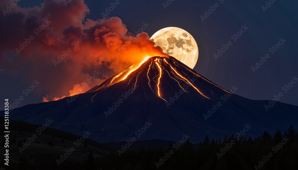 Fototapeta premium Glowing volcanic eruption at night with moonlit sky, nature's power