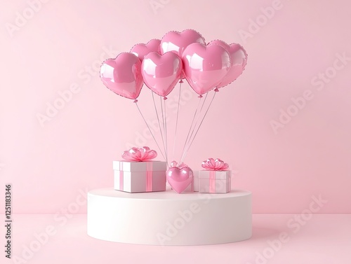 3D rendering of a white podium with pink gift boxes and heart-shaped balloons on a pastel background for product display presentation. Minimal concept, ultra-realistic