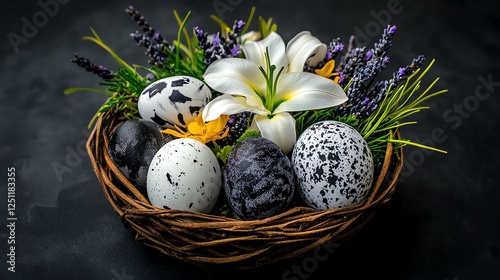 Blooming Easter basket filled with handdyed eggs, lavender sprigs, and delicate white lilies, rustic and charming composition photo