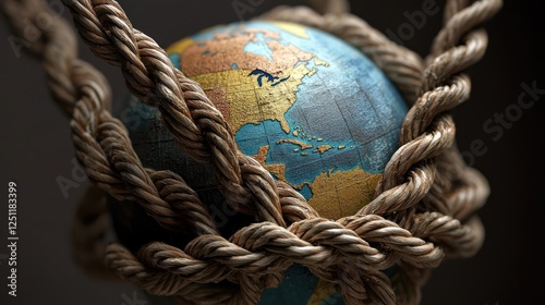 A globe wrapped in thick ropes symbolizes global challenges and environmental issues