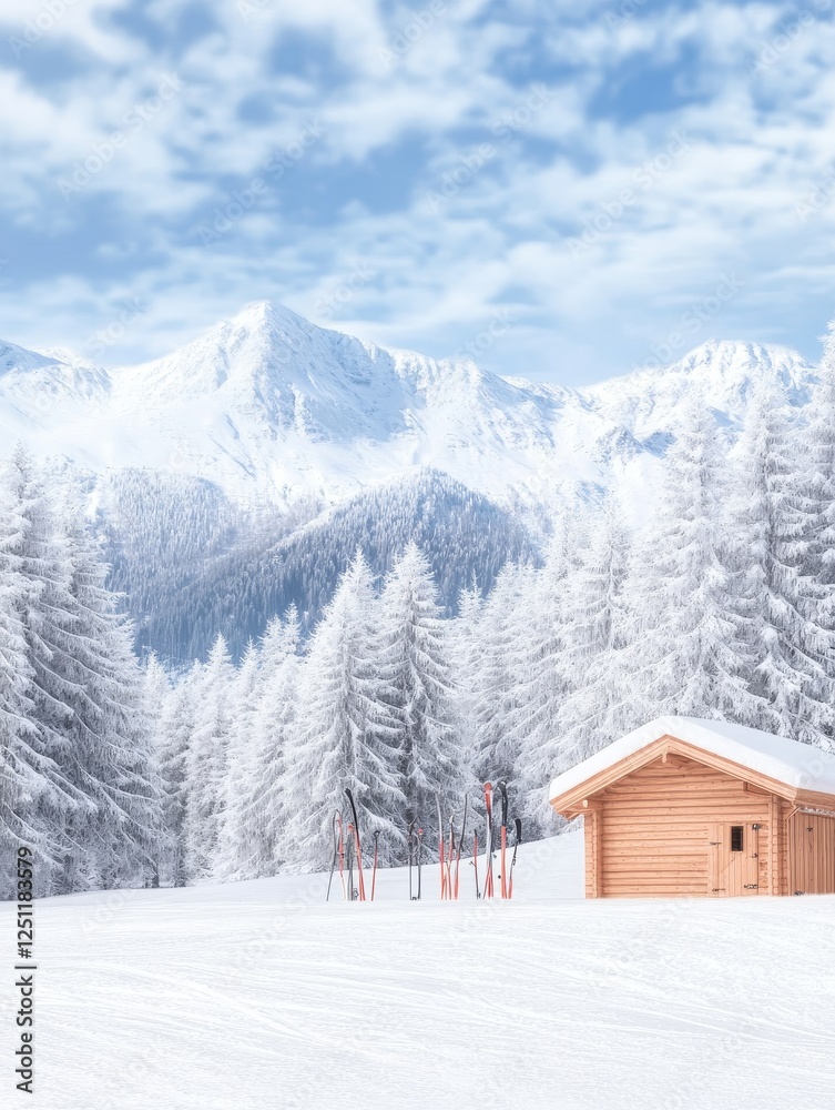 Fototapeta premium Winter Ski Chalet in Snowy Mountains - Serene winter landscape, snowy mountain range, cozy wooden chalet, ski equipment, peaceful atmosphere. Symbolizes: tranquility, adventure, escape