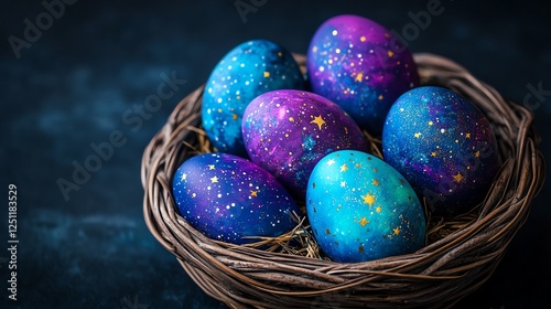 Basket of galaxythemed Easter eggs, deep blue and purple tones with handpainted stars and nebula designs, cosmic fantasy photo