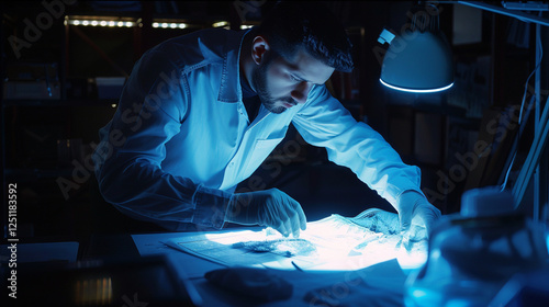 A detective inspects a shirt with visible stains under bright forensic lighting, carefully gathering fibers and swabs for DNA testing, aiming to uncover key evidence in the unresolved case. photo