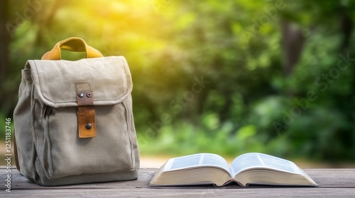 Backpack and Book in Nature - A canvas backpack sits beside an open book outdoors, bathed in sunlight.  Perfect for education, travel, or learning themes. photo