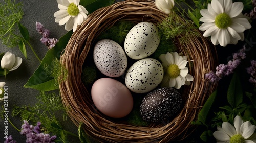 Aesthetic flat lay of Easter eggs in a straw basket, surrounded by delicate spring flowers and greenery, soft pastel color palette photo