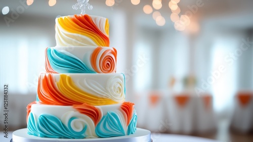 A stunning three-tiered cake adorned with elegant colorful swirls and a decorative topper, capturing the essence of celebration and artistry in dessert design. photo