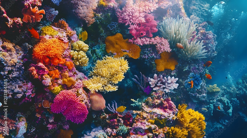 Obraz premium Vibrant coral reef scene, colorful corals and marine life, showcasing underwater biodiversity and natural beauty.