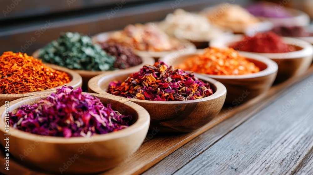 An array of vibrant spices arranged in small wooden bowls, showcasing various colors and textures, perfect for culinary or wellness projects. An array of vibrant spices arranged in small wooden bowls, showcasing various colors and textures, perfect for culinary or wellness projects.