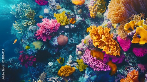 Vibrant coral reef, colorful corals and marine life thriving in a clear blue ocean, peaceful underwater exploration scene. photo