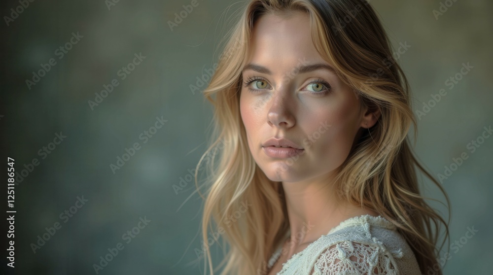 Naklejka premium A woman with long blonde hair and green eyes is standing in front of a wall. She is wearing a white lace top and has a serious expression on her face