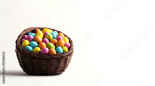 a chocolate Easter basket filled with candy eggs, delicious food photography, realistic textures, isolated on white background photo